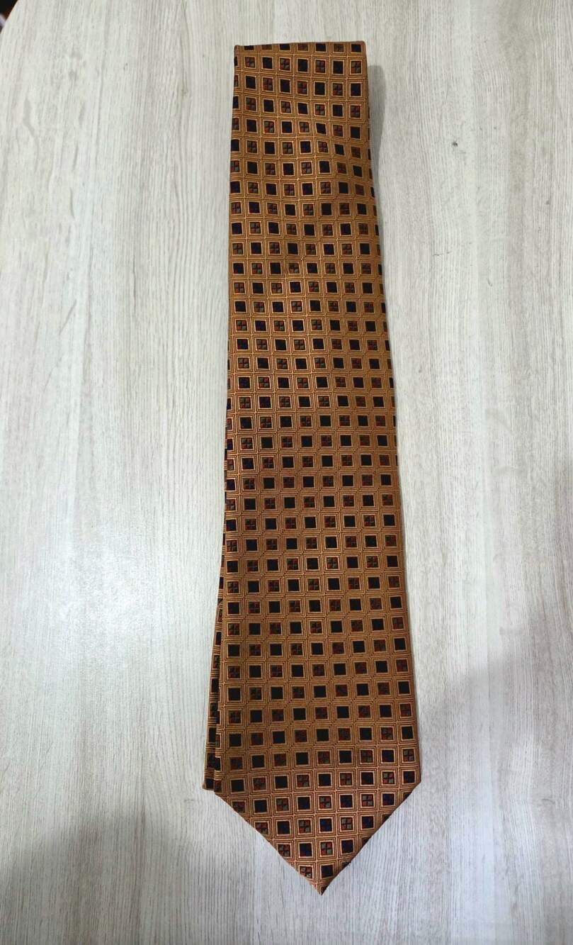Tango by Max Raab Men's Gold and Black Geometric Square Pattern Necktie